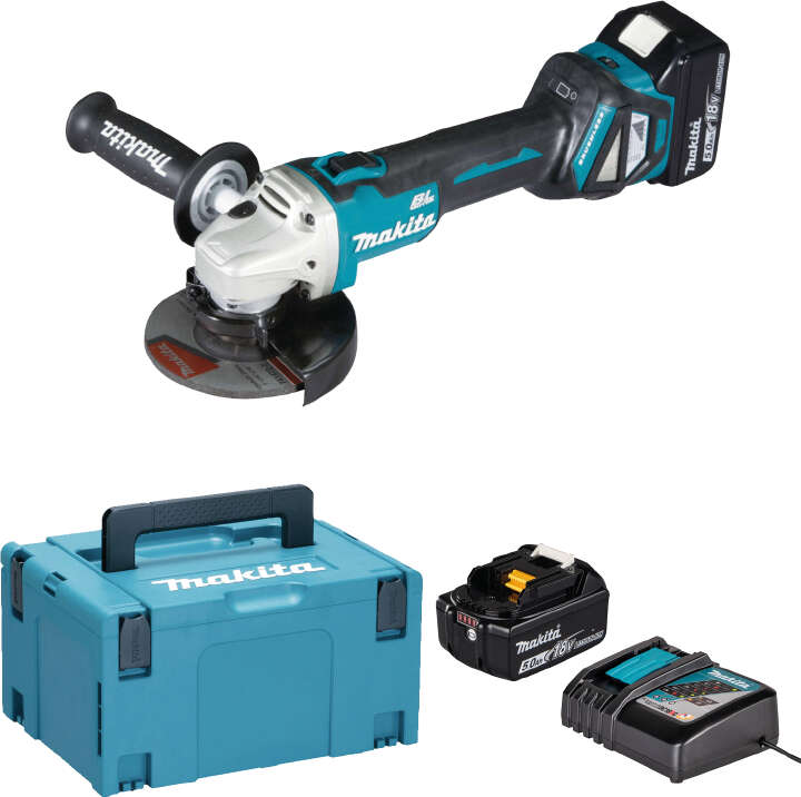 makita Winkelschleifer DGA511RTJ 18V / 5,0Ah, mit 2 Akkus, Ladegerät und Koffer